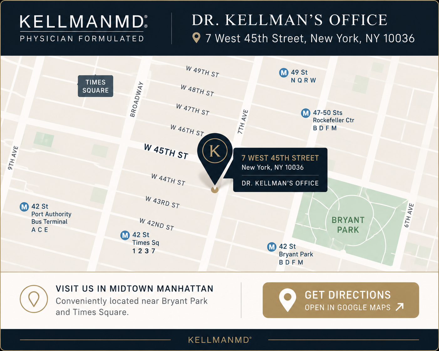 Map to Dr. Kellman's office at 7 West 45th Street, New York, NY 10036